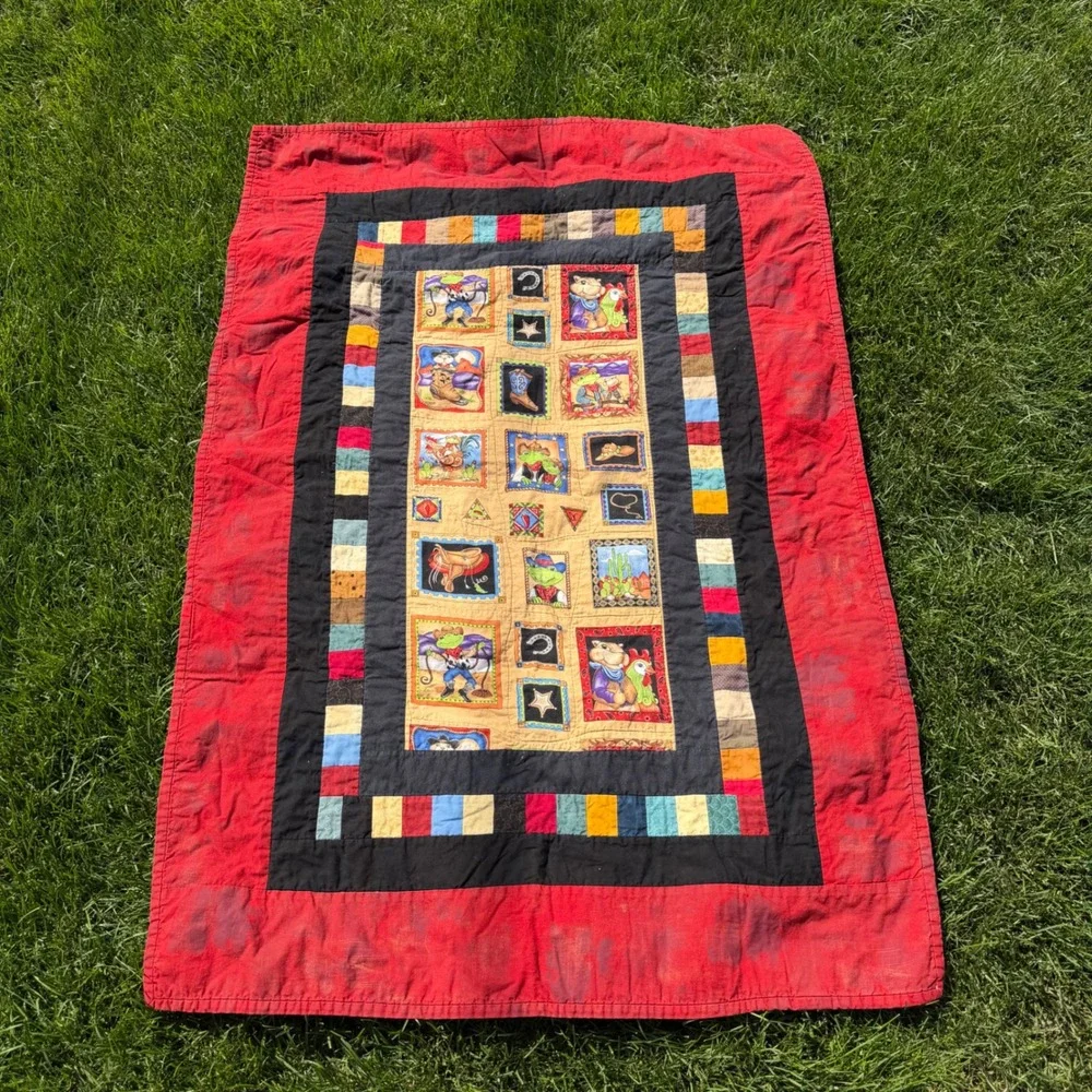 A+ Handmade Western Cowboy Frog Patchwork Quilt Nursery Baby Blanket Red 34x50
